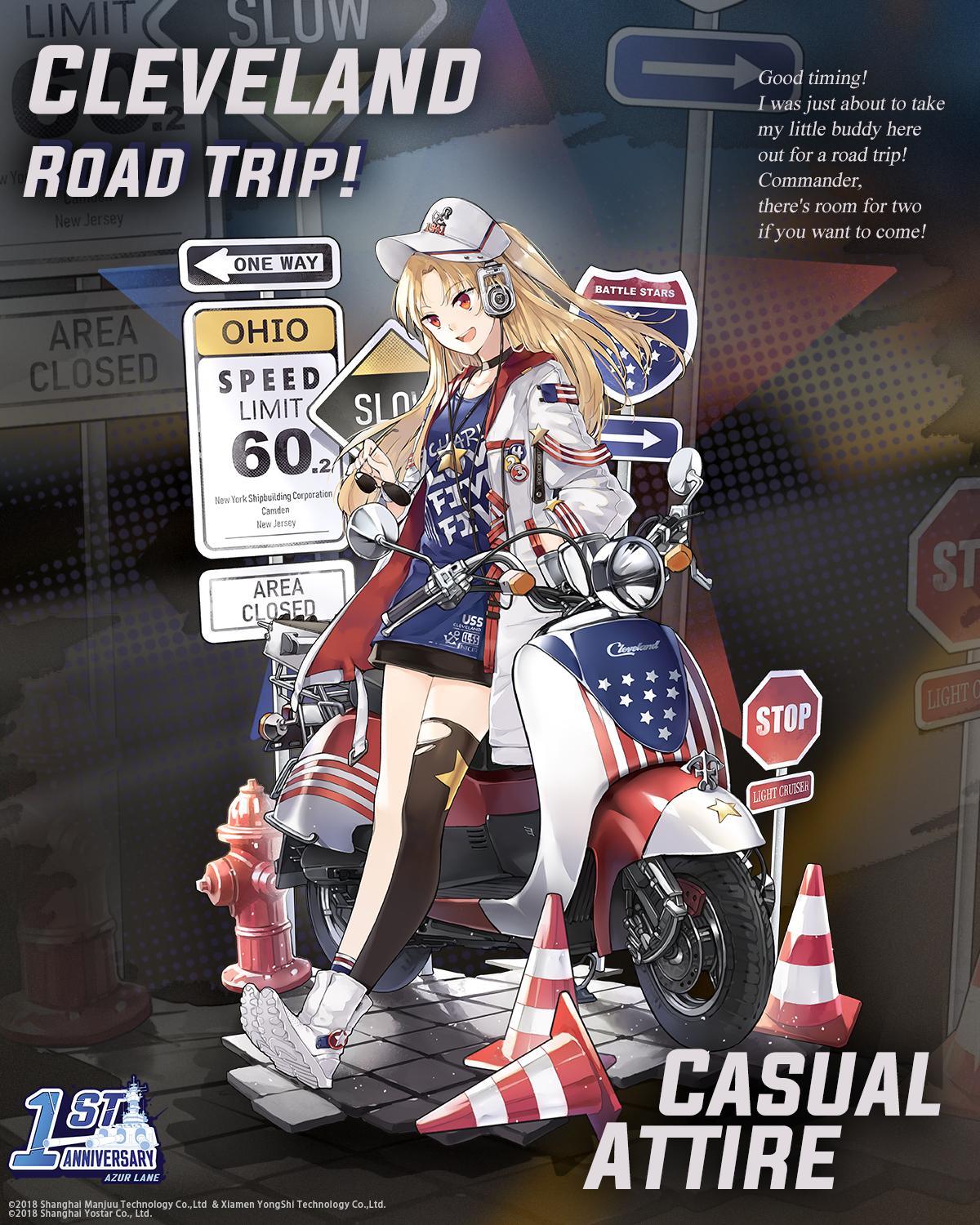 1girl :d alternate_costume asymmetrical_legwear azur_lane bangs black_choker black_legwear black_skirt blonde_hair blue_shit blush boots breasts choker cleveland_(azur_lane) clothes_writing collarbone eyebrows_visible_through_hair eyewear_removed ground_vehicle hair_between_eyes hand_in_pocket headphones highres holding holding_eyewear hood hood_down hooded_jacket jacket long_hair moped motor_vehicle official_art one_side_up open_clothes open_jacket open_mouth parted_bangs red_eyes sign single_sock single_thighhighs skirt small_breasts smile socks solo stop_sign sunglasses torn_clothes torn_legwear traffic_cone very_long_hair visor_cap white_footwear white_jacket