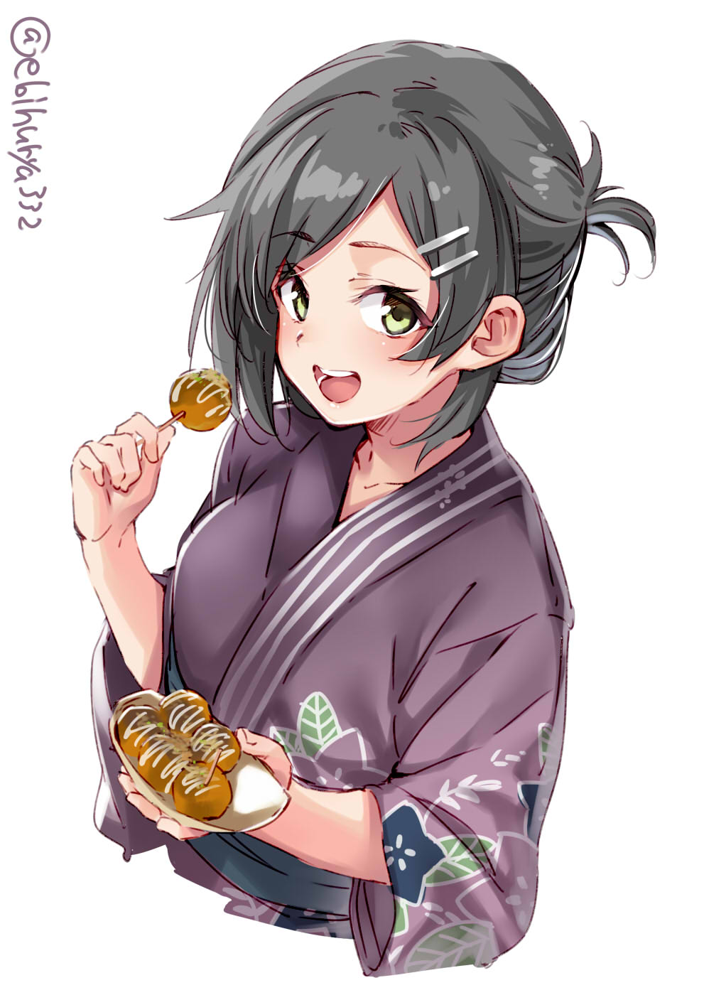 1girl alternate_costume black_hair blush ebifurya eyebrows_visible_through_hair floral_print food green_eyes hair_ornament hairclip highres japanese_clothes kantai_collection kimono kuroshio_(kantai_collection) looking_at_viewer open_mouth purple_kimono short_hair simple_background smile solo white_background yukata