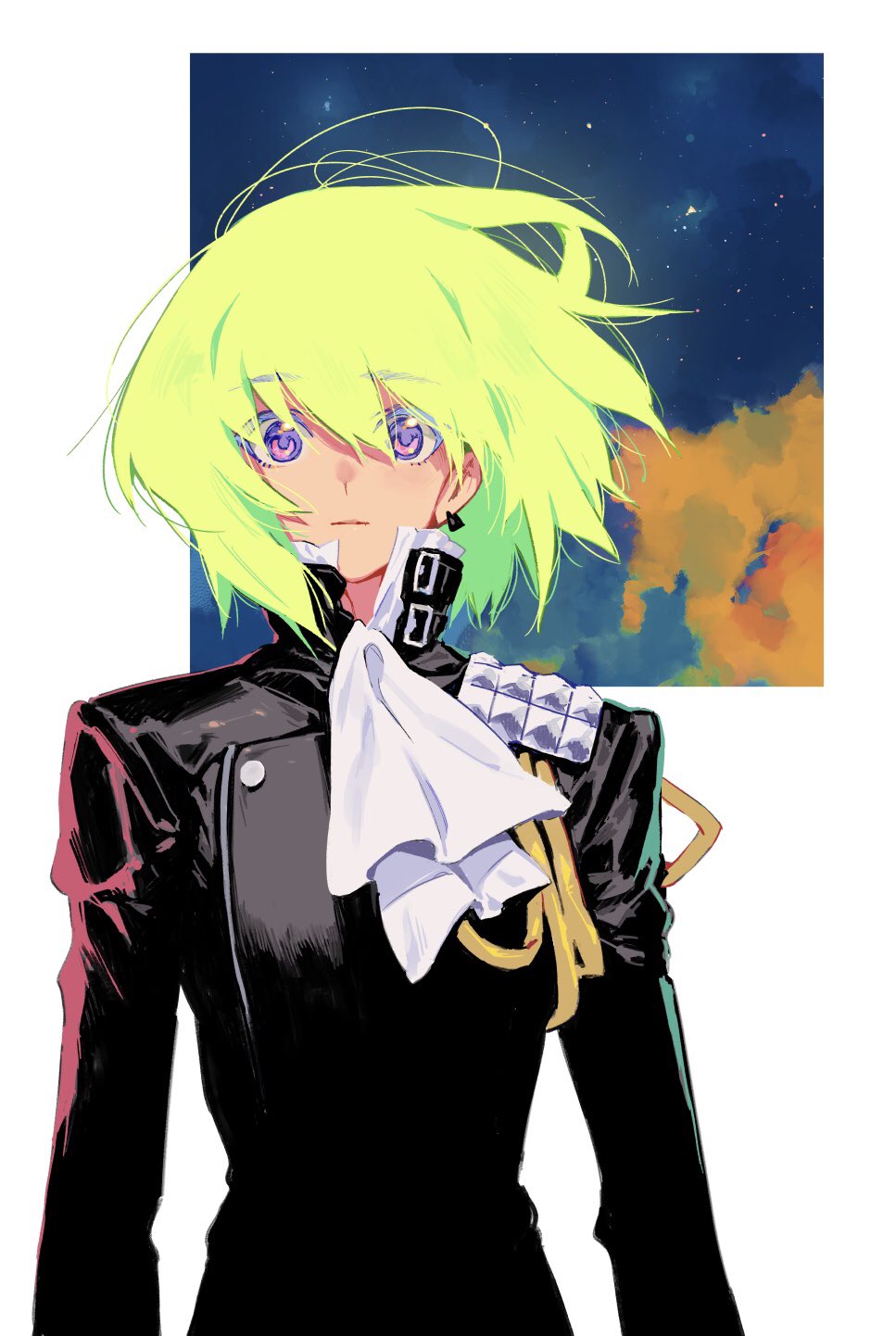 biker_clothes black_jacket chomoran cravat gloves green_hair half_gloves highres jacket lio_fotia male_focus parted_lips promare solo upper_body violet_eyes