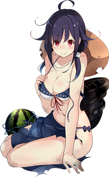 1girl bikini black_hair black_sarong food fruit full_body hat kantai_collection kujou_ichiso official_art print_sarong red_eyes sarong solo sun_hat swimsuit taigei_(kantai_collection) torn_clothes torn_sarong transparent_background watermelon