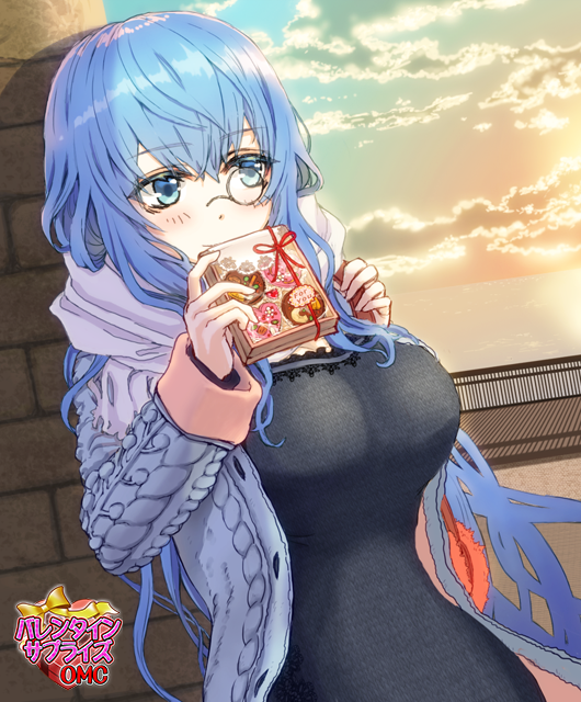 1girl black_dress blue_eyes blue_hair blush book breasts clouds copyright_name dress glasses hands_up large_breasts long_hair meguekayako monocle omc outdoors pince-nez scarf shadow solo standing sweater twilight very_long_hair white_scarf