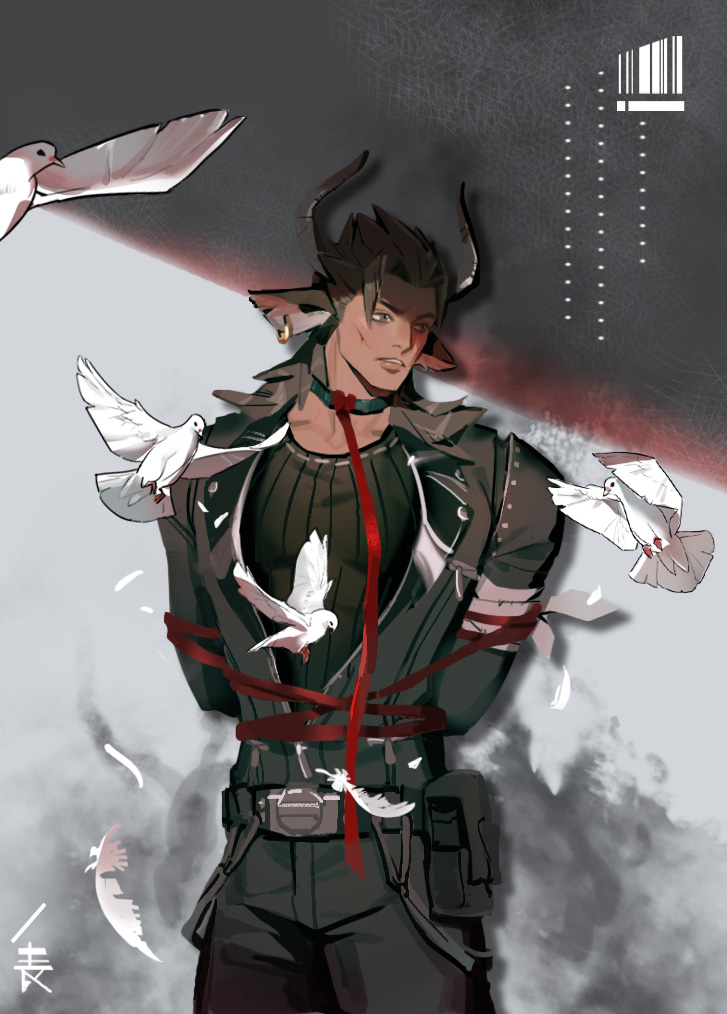 1boy animal_ears arknights belt_pouch bird black_jacket black_pants bound brown_eyes brown_hair collar cow_ears dove earrings grey_background horns jacket jewelry male_focus matterhorn_(arknights) pants pncf_(sled) pouch red_ribbon ribbon standing tan