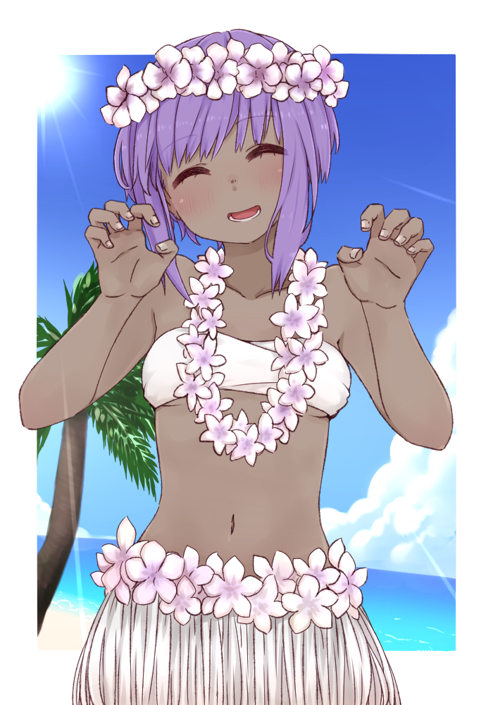 1girl ^_^ alternate_costume bangs bare_arms bare_shoulders blue_sky blush breasts closed_eyes clouds collarbone dark_skin day eyebrows_visible_through_hair facing_viewer fate/prototype fate/prototype:_fragments_of_blue_and_silver fate_(series) fingernails flower flower_wreath grass_skirt hands_up hassan_of_serenity_(fate) head_wreath i.u.y lei palm_tree purple_hair sidelocks sky small_breasts solo sun sunlight tree white_flower