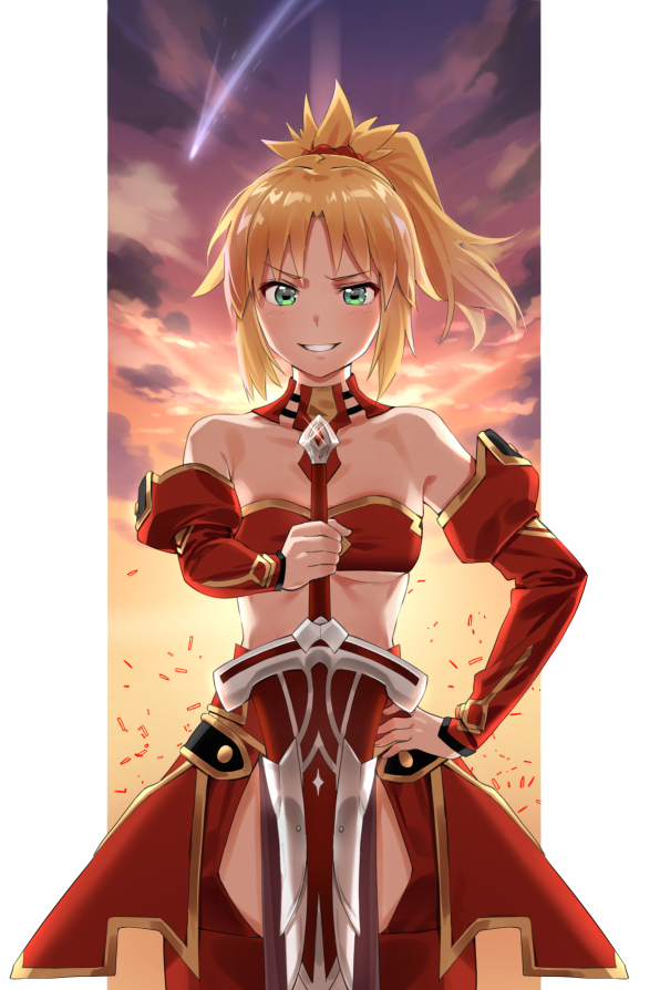1girl bangs bare_shoulders blonde_hair blush braid breasts commentary_request fate/apocrypha fate/grand_order fate_(series) green_eyes hair_ornament hair_scrunchie holding holding_sword holding_weapon long_hair looking_at_viewer mordred_(fate) mordred_(fate)_(all) ponytail red_scrunchie revealing_clothes rnrnmm0624 scrunchie small_breasts smile solo sunset sword weapon