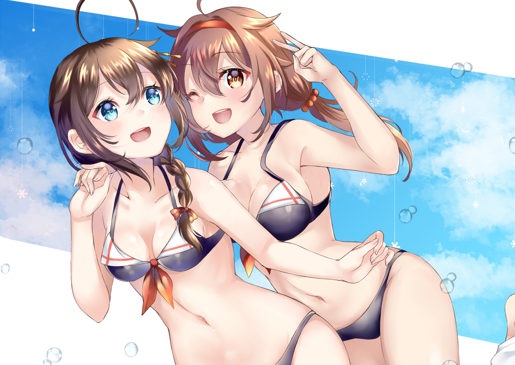 2girls adapted_costume ahoge bikini black_bikini black_hair blue_eyes blue_sky blush braid breasts brown_eyes brown_hair clouds cloudy_sky collarbone cowboy_shot eyebrows_visible_through_hair feet_out_of_frame hair_between_eyes hair_flaps hair_ornament hair_over_shoulder hair_ribbon hairband hairclip kantai_collection long_hair mashiro_aa medium_breasts multiple_girls navel orange_hairband remodel_(kantai_collection) ribbon shigure_(kantai_collection) shiratsuyu_(kantai_collection) short_hair single_braid sky small_breasts smile standing swimsuit twintails water_drop white_background