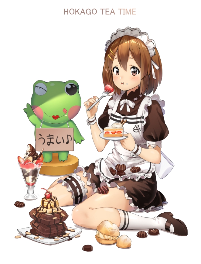 1girl apron bangs black_footwear blush breasts brown_eyes cake candy cherry chocolate chocolate_heart commentary_request cute eating food frog fruit hair_between_eyes heart hirasawa_yui hobunsha holding k-on! kyoto_animation lips looking_at_viewer maid_apron maid_dress maid_headdress puffy_short_sleeves puffy_sleeves rnrnmm0624 shoes short_hair short_sleeves simple_background small_breasts socks solo strawberry tongue tongue_out white_background white_legwear