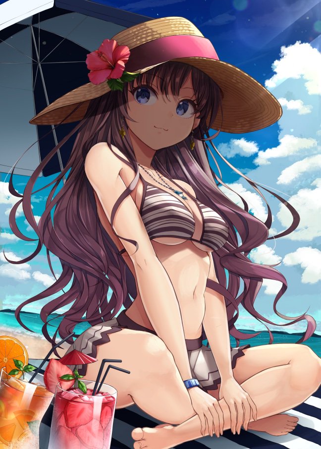 1girl :3 barefoot bikini blue_eyes breasts brown_hair commentary_request earrings eyebrows_visible_through_hair from_below full_body hat ichinose_shiki idolmaster idolmaster_cinderella_girls jewelry long_hair looking_to_the_side medium_breasts migimaki_(migi_mawashi) necklace parasol sitting smile solo straw_hat striped striped_bikini swimsuit umbrella under_boob