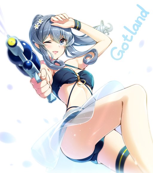 1girl alternate_costume bikini blue_bikini blue_eyes blue_hair blush breasts character_name eyebrows_visible_through_hair flower gotland_(kantai_collection) gradient gradient_background hair_between_eyes hair_flower hair_ornament huyukaaki kantai_collection long_hair looking_at_viewer open_mouth small_breasts smile solo swimsuit water_gun white_flower