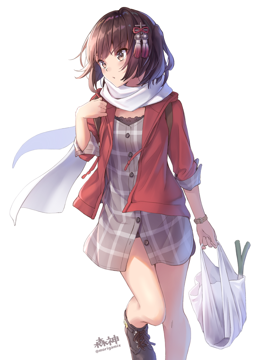 1girl bag bare_legs brown_eyes brown_hair buttons closed_mouth drawstring grey_shirt hair_ornament highres holding hood hood_down hooded_jacket jacket kantai_collection looking_away morigami_(morigami_no_yashiro) open_clothes open_jacket partially_unbuttoned plaid red_jacket scarf sendai_(kantai_collection) shirt shoes shopping_bag short_hair simple_background sneakers solo spring_onion thighs twitter_username v-shaped_eyebrows watch watch white_background white_scarf