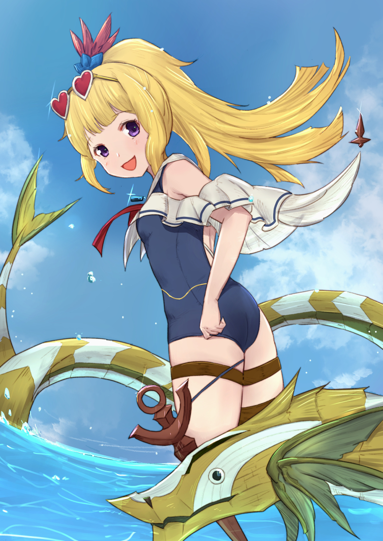 1girl :d ass bangs blonde_hair blue_sky blue_swimsuit blush cagliostro_(granblue_fantasy) clouds commentary_request day eyebrows_visible_through_hair glint granblue_fantasy hair_ornament heart heart-shaped_eyewear high_ponytail horizon long_hair looking_at_viewer looking_to_the_side ocean one-piece_swimsuit open_mouth outdoors ponytail red-tinted_eyewear sidelocks sky smile solo sunglasses swimsuit uneg violet_eyes water white-framed_eyewear
