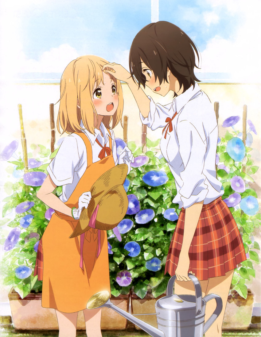 2girls apron asagao_to_kase-san blonde_hair blush brown_hair clouds collared_shirt couple eye_contact flower garden hand_on_another's_head happy hat kase_tomoka leaf looking_at_another multiple_girls neck_ribbon official_art open_mouth petals pink_ribbon red_ribbon ribbon school_uniform shirt skirt sky smile thighs uniform yamada_yui yellow_eyes yuri