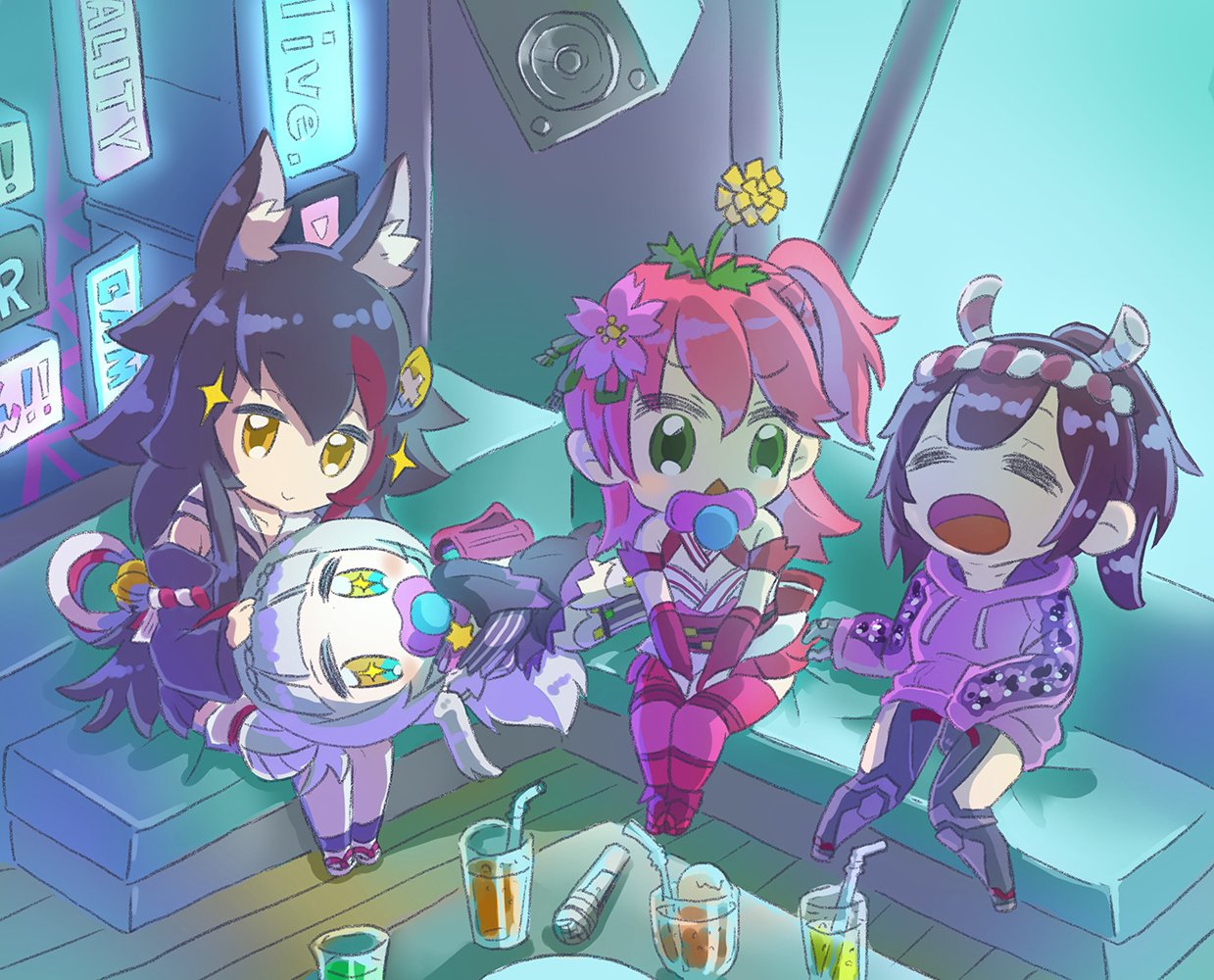 4girls animal_ear_fluff animal_ears bangs black_hair blunt_bangs cherry_blossoms closed_eyes cup drink drinking_glass drinking_straw eyebrows_visible_through_hair flower flower_on_head green_eyes hair_flower hair_ornament hololive hood hoodie long_hair long_sleeves lying microphone multiple_girls murasaki_shion nontraditional_miko on_side one_side_up ookami_mio pacifier roboco-san roboco_ch. sakura_miko sitting sparkle speaker table thigh-highs virtual_youtuber white_hair wolf_ears yellow_eyes youtube youtube_logo yunra665