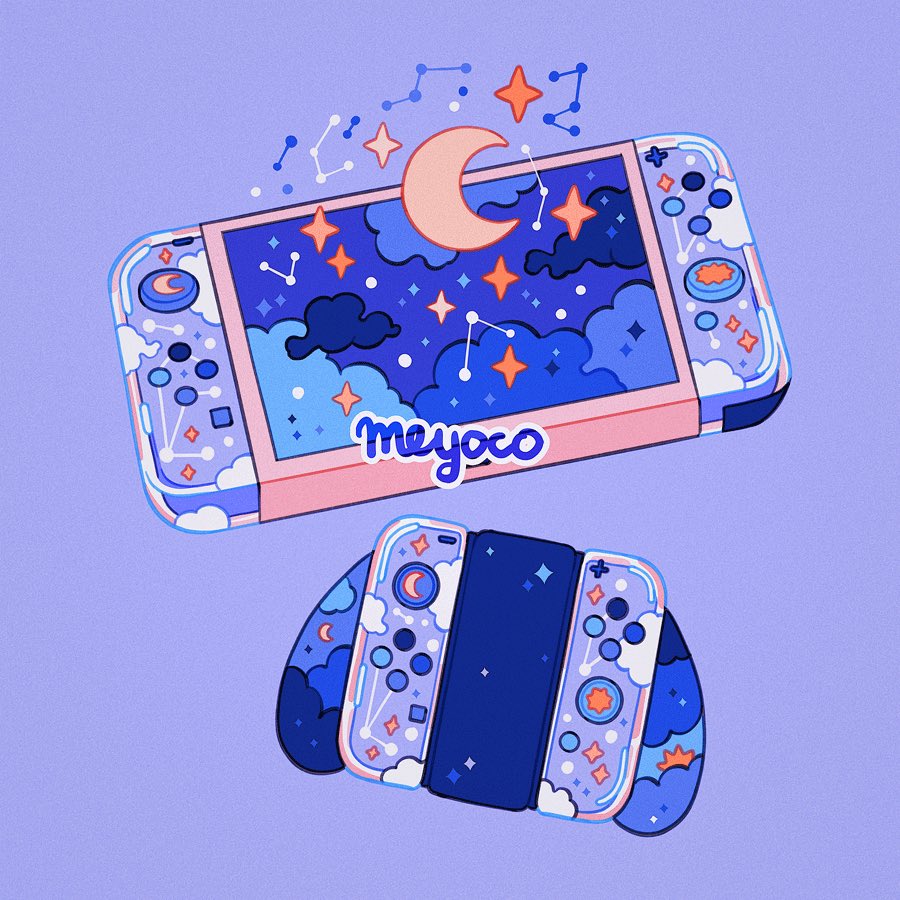 artist_name blue_background cloud_print clouds cloudy_sky constellation controller crescent_moon handheld_game_console joy-con meyoco moon nintendo_switch no_humans original simple_background sky star_(sky)