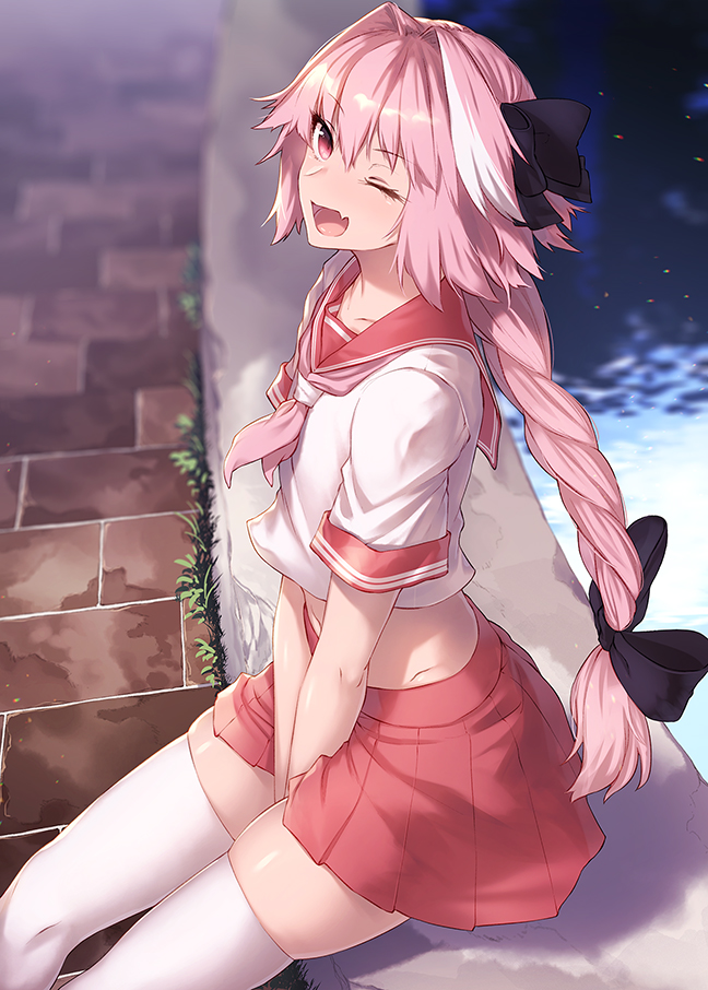 1boy astolfo_(fate) bangs black_bow blush bow braid crop_top fang fate/apocrypha fate/grand_order fate_(series) hair_between_eyes hair_intakes ibuki_notsu long_braid long_hair looking_at_viewer male_focus midriff multicolored_hair neckerchief one_eye_closed open_mouth otoko_no_ko pink_hair pink_neckwear pleated_skirt red_skirt sailor_collar school_uniform serafuku shirt short_sleeves single_braid sitting skirt smile solo streaked_hair thigh-highs thighs violet_eyes white_hair white_legwear white_shirt