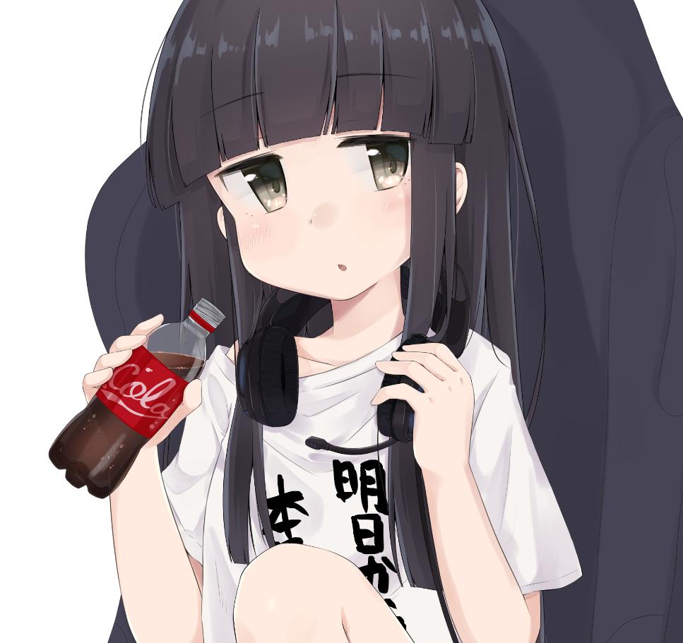 1girl aoshima_sakana bangs black_hair blunt_bangs bottle brown_eyes chair clothes_writing coca-cola cola commentary_request hatsuyuki_(kantai_collection) headphones headset kantai_collection long_hair looking_at_viewer microphone shirt sitting solo t-shirt white_shirt