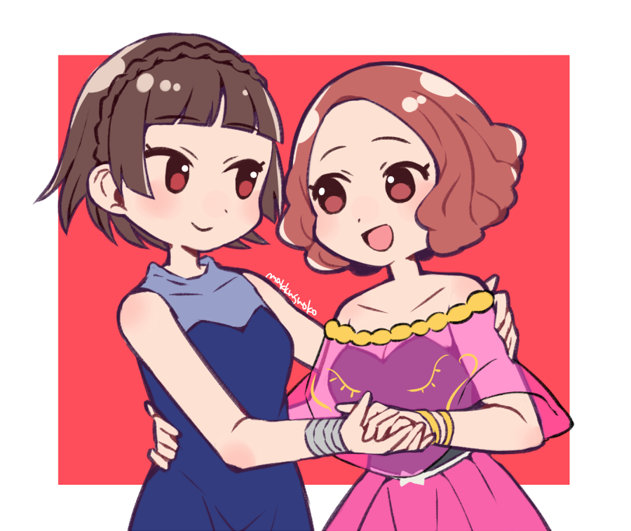 2girls :d arm_around_waist atlus bangs bare_arms blue_dress blunt_bangs border bracelet braid brown_eyes brown_hair closed_mouth collarbone crown_braid cute dancing do_m_kaeru dress eye_contact eyebrows_visible_through_hair hands_together holding_hands jewelry looking_at_another megami_tensei moe multiple_girls niijima_makoto off_shoulder okumura_haru open_mouth persona persona_5 pink_skirt red_background see-through short_hair signature skirt sleeveless sleeveless_dress smile two-tone_background upper_body white_border yuri