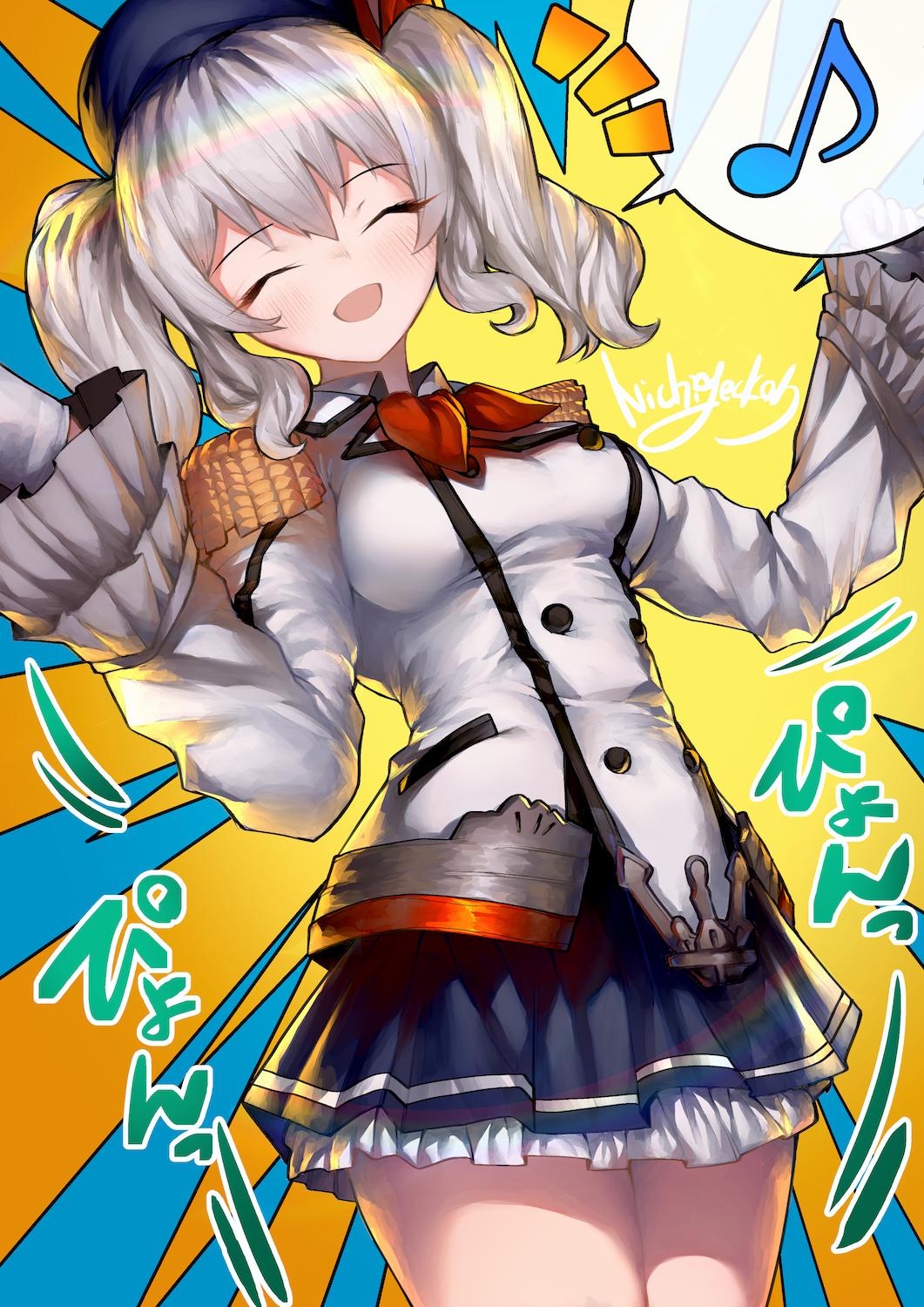 /\/\/\ 1girl black_skirt breasts buttons closed_eyes commentary_request cowboy_shot eighth_note epaulettes gloves highres jacket kantai_collection kashima_(kantai_collection) large_breasts long_sleeves military_jacket miniskirt musical_note neckerchief nichigeckoh pleated_skirt red_neckwear sidelocks silver_hair skirt smile solo spoken_musical_note sunburst sunburst_background twintails two-tone_background wavy_hair white_gloves white_jacket