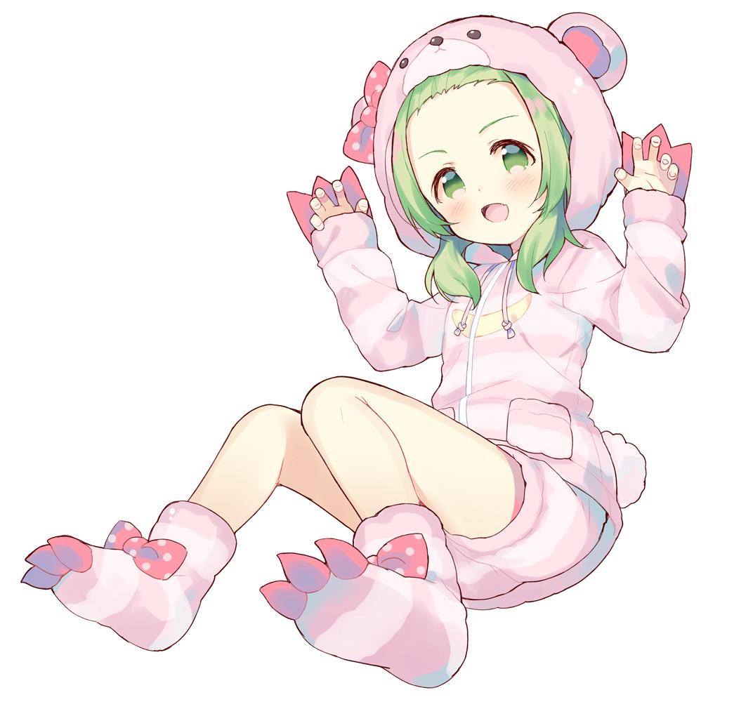 1girl :d animal_ears bangs bear_ears bear_hood blush claw_pose commentary_request drawstring fake_animal_ears forehead full_body green_eyes green_hair hands_up hood hood_up hooded_jacket jacket long_hair long_sleeves meito_(maze) morinaka_kazaki nijisanji open_mouth parted_bangs pink_jacket pink_legwear pink_shirt shirt short_shorts shorts sidelocks simple_background sleeves_past_wrists smile soles solo striped striped_jacket striped_legwear striped_shorts virtual_youtuber white_background