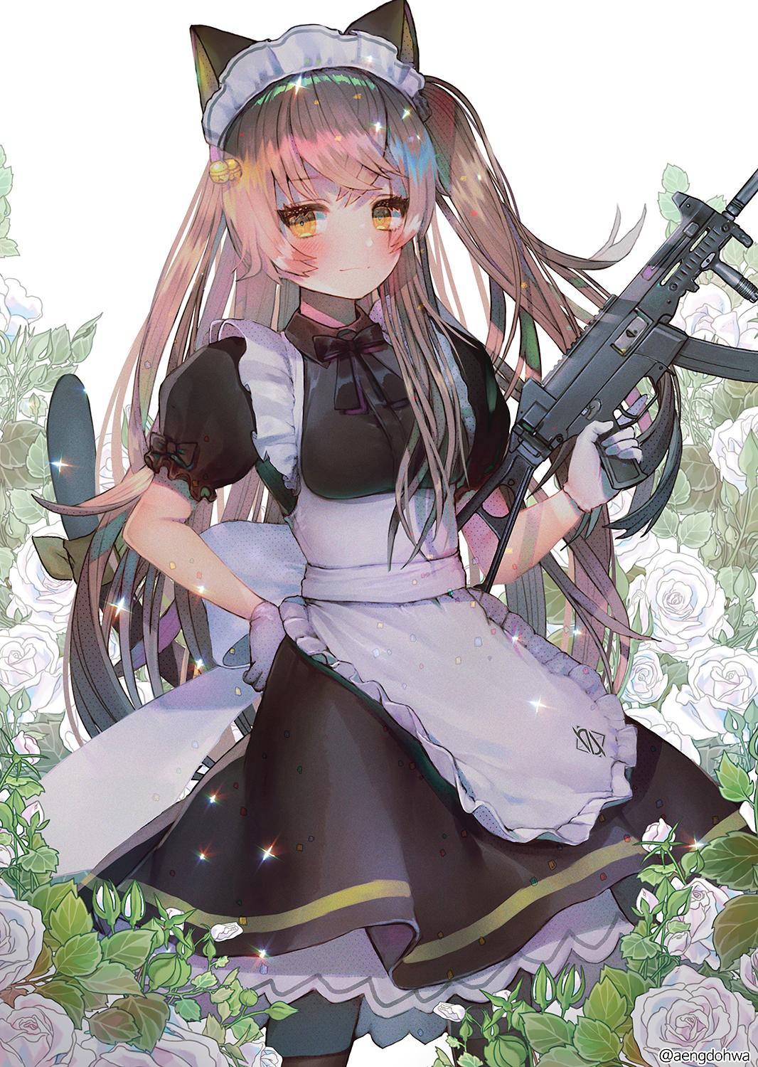 1girl 404_logo_(girls_frontline) animal_ears apron bangs bell black_dress black_legwear blush brown_hair cat_ears closed_mouth cowboy_shot dress eyebrows_visible_through_hair fake_animal_ears girls_frontline gloves gun h&amp;k_ump h&amp;k_ump45 hair_between_eyes hair_ornament hanato_(seonoaiko) hand_on_hip heckler_&amp;_koch highres holding holding_gun holding_weapon jingle_bell light_smile long_hair looking_at_viewer maid one_side_up pantyhose puffy_short_sleeves puffy_sleeves scar scar_across_eye short_sleeves smile sparkle submachine_gun twintails twitter_username ump45_(girls_frontline) weapon white_gloves yellow_eyes