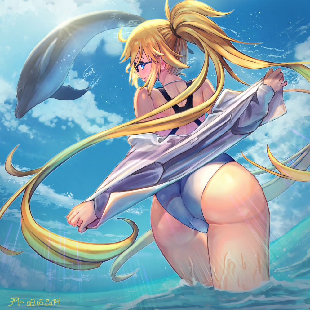 1girl ass back bangs bare_shoulders blonde_hair blue_eyes blue_sky blush closed_mouth dated dolphin fate/grand_order fate_(series) glasses jacket jeanne_d'arc_(fate)_(all) jeanne_d'arc_(swimsuit_archer) long_hair long_sleeves looking_at_viewer looking_back ocean off_shoulder one-piece_swimsuit open_clothes open_jacket ponytail sky smile sunlight swimsuit thighs very_long_hair wading white_jacket white_swimsuit yudoufu_(unify)