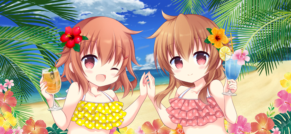 2girls alternate_costume bangs beach bikini bikini_top brown_eyes brown_hair clouds cloudy_sky cocktail cocktail_glass commentary_request cup drinking_glass eyebrows_visible_through_hair flower folded_ponytail frilled_bikini frills hair_between_eyes hair_flower hair_ornament holding holding_cup holding_hands ikazuchi_(kantai_collection) inazuma_(kantai_collection) kantai_collection kashiwadokoro looking_at_viewer multiple_girls ocean one_eye_closed open_mouth palm_leaf short_hair side_ponytail sky smile swimsuit