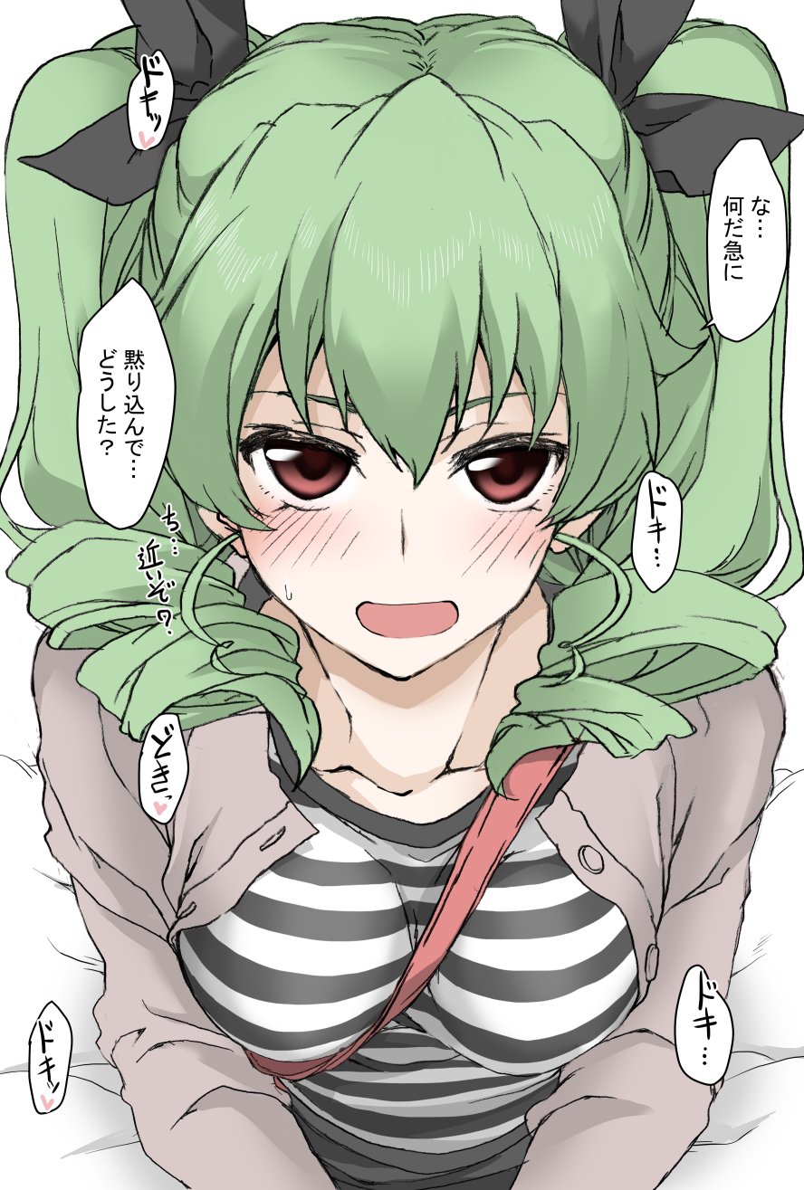 1girl alternate_costume anchovy between_breasts black_ribbon blush breasts casual drill_hair elf_(stroll_in_the_woods) girls_und_panzer green_hair highres horizontal_stripes open_mouth red_eyes ribbon solo strap_between_breasts striped sweat translated twin_drills twintails