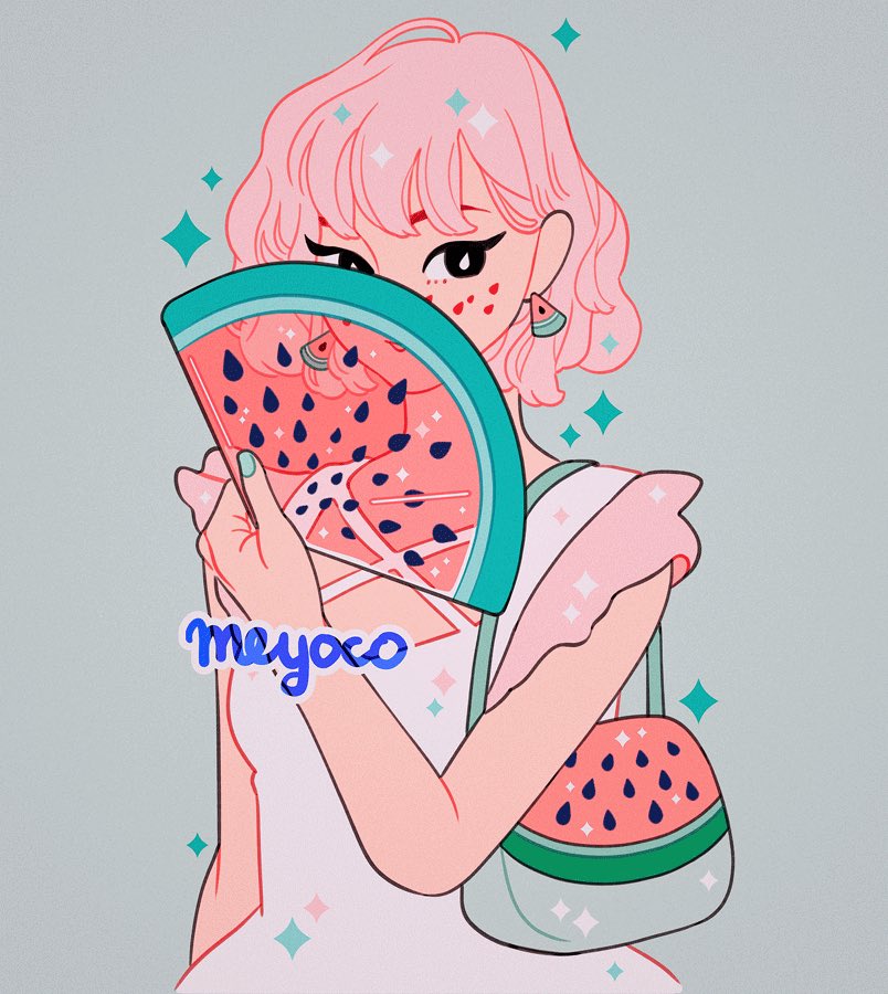 1girl aqua_nails bag bangs black_eyes covering_face earrings fan food freckles frills fruit grey_background holding holding_fan jewelry looking_at_viewer meyoco nail_polish original parted_lips pink_hair short_hair shoulder_bag simple_background sleeveless solo sparkle transparent upper_body watermelon