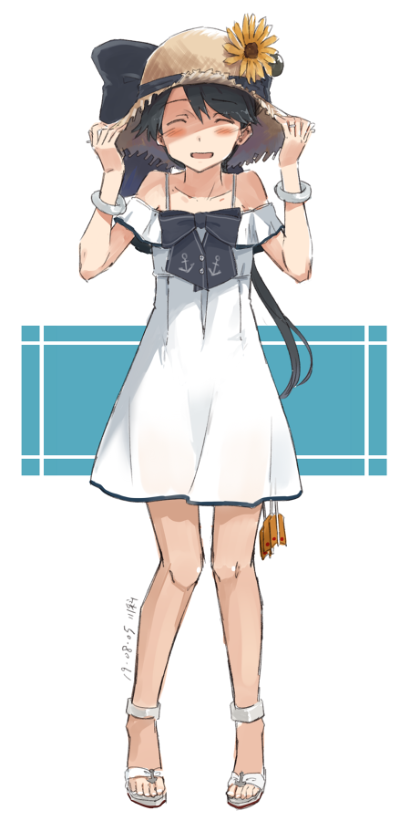 1girl alternate_costume anchor_symbol black_bow black_hair bow bracelet closed_eyes cosplay dated dress facing_viewer full_body hat houshou_(kantai_collection) jewelry kantai_collection kawashina_(momen_silicon) long_hair open_toe_shoes ponytail sleeveless sleeveless_dress solo spaghetti_strap straw_hat sun_hat sundress twitter_username two-tone_background white_background white_dress yukikaze_(kantai_collection) yukikaze_(kantai_collection)_(cosplay)