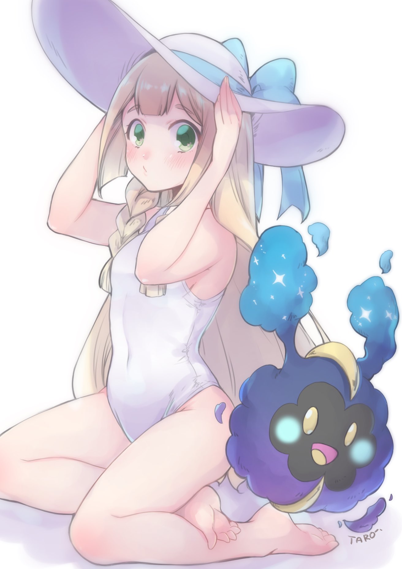 1girl barefoot blonde_hair braid cosmog gen_7_pokemon green_eyes hands_on_headwear hat highres komekueyo lillie_(pokemon) long_hair one-piece_swimsuit pokemon pokemon_(creature) pokemon_(game) pokemon_sm simple_background sun_hat swimsuit twin_braids white_background white_headwear white_swimsuit