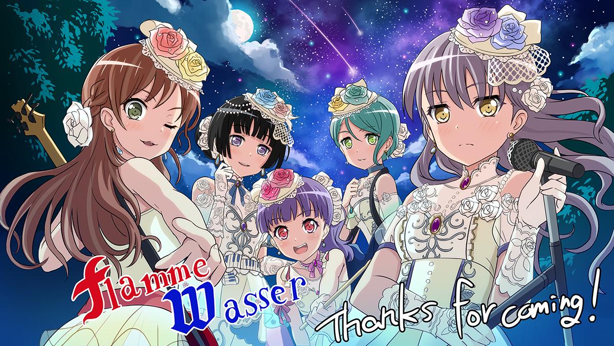 5girls aqua_hair bang_dream! bass_guitar black_hair brown_hair clouds dress drumsticks earrings electric_guitar flower full_moon gloves green_eyes guitar hair_bun hair_ornament hikawa_sayo imai_lisa instrument jewelry keyboard_print lace lavender_hair long_hair looking_back microphone microphone_stand minato_yukina moon multiple_girls night night_sky official_art one_eye_closed ponytail purple_hair rose roselia_(bang_dream!) see-through shirokane_rinko shooting_star sky tree udagawa_ako v violet_eyes white_flower white_rose yellow_eyes