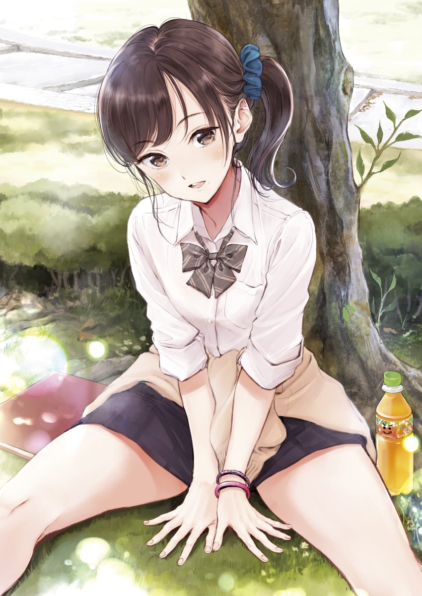 1girl :d bangle bangs beige_sweater blue_skirt blush bottle bow bowtie bracelet breast_pocket breasts brown_eyes brown_hair clothes_around_waist collared_shirt day fujita_hidetoshi grey_neckwear hair_ornament hair_scrunchie head_tilt highres jewelry long_hair long_sleeves looking_at_viewer mole mole_under_mouth open_mouth original outdoors pocket school_uniform scrunchie shade shirt side_ponytail sidelocks sitting skirt sleeves_folded_up smile solo sweater_around_waist thighs tree white_shirt