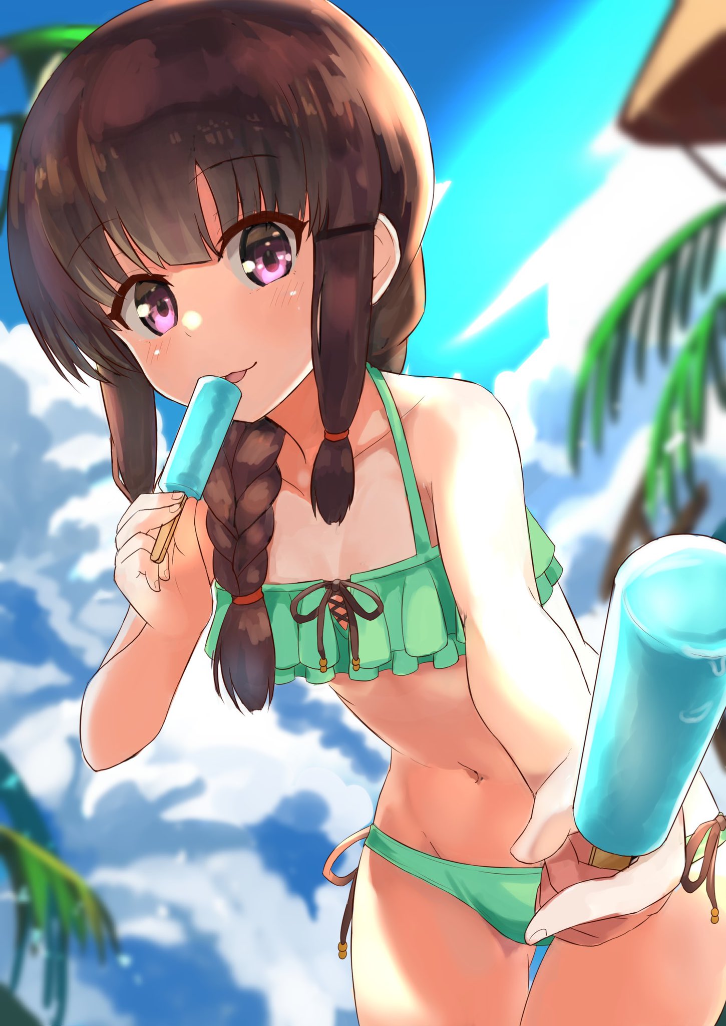 1girl bangs bikini black_hair blue_sky blunt_bangs blurry braid clouds cowboy_shot day depth_of_field food frilled_bikini frills green_bikini hair_ribbon highres kantai_collection kitakami_(kantai_collection) leaning_forward licking long_hair looking_at_viewer navel okitsugu outdoors palm_tree popsicle ribbon side-tie_bikini sidelocks single_braid sky solo swimsuit tree tress_ribbon violet_eyes