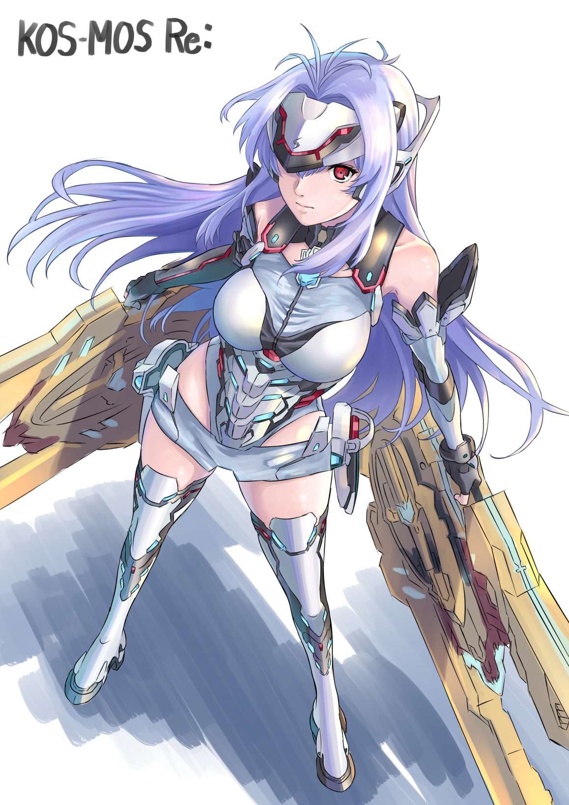 1girl android bare_shoulders blue_hair breasts elbow_gloves expressionless forehead_protector gloves highres kos-mos kos-mos_re: large_breasts leotard long_hair looking_at_viewer red_eyes simple_background solo thigh-highs very_long_hair white_background white_leotard xenoblade_(series) xenoblade_2 xenosaga yuuuun0218