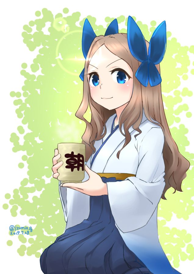 asakaze_(kantai_collection) bangs blue_bow blue_eyes blue_hakama blue_kimono bow commentary_request cup dated forehead furisode green_background hair_bow hakama izumikuma japanese_clothes kantai_collection kimono light_brown_hair long_hair meiji_schoolgirl_uniform parted_bangs seiza sidelocks sitting smile twitter_username two-tone_background wavy_hair white_background yunomi