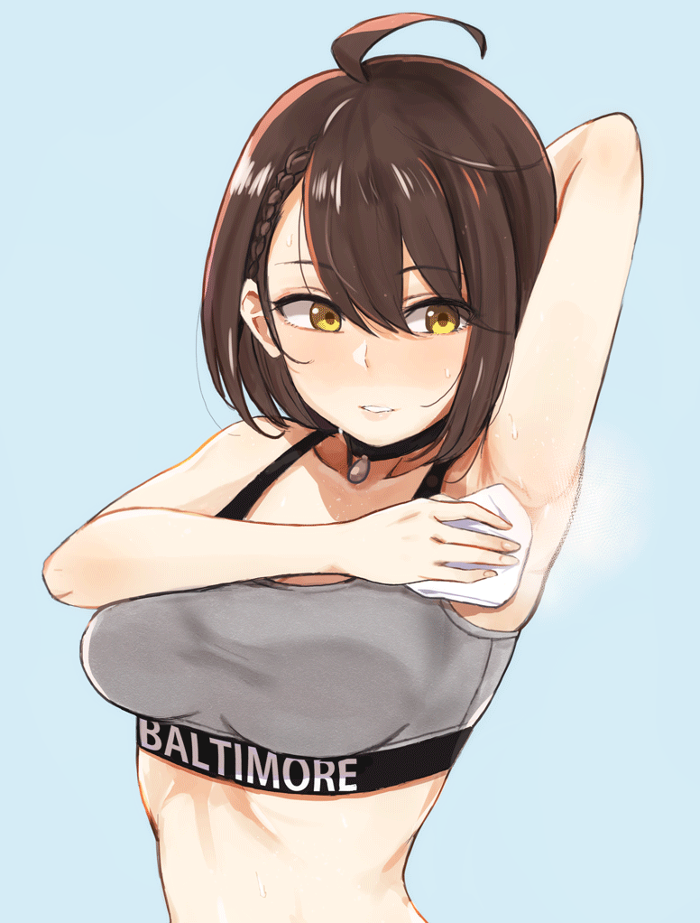 1girl ahoge arm_up armpits asymmetrical_bangs azur_lane baltimore_(azur_lane) bangs black_choker blue_background blush braid brown_hair character_name choker collarbone commentary_request eyebrows_visible_through_hair french_braid geso_smith hair_between_eyes parted_lips simple_background solo sports_bra sweat teeth wiping_sweat yellow_eyes