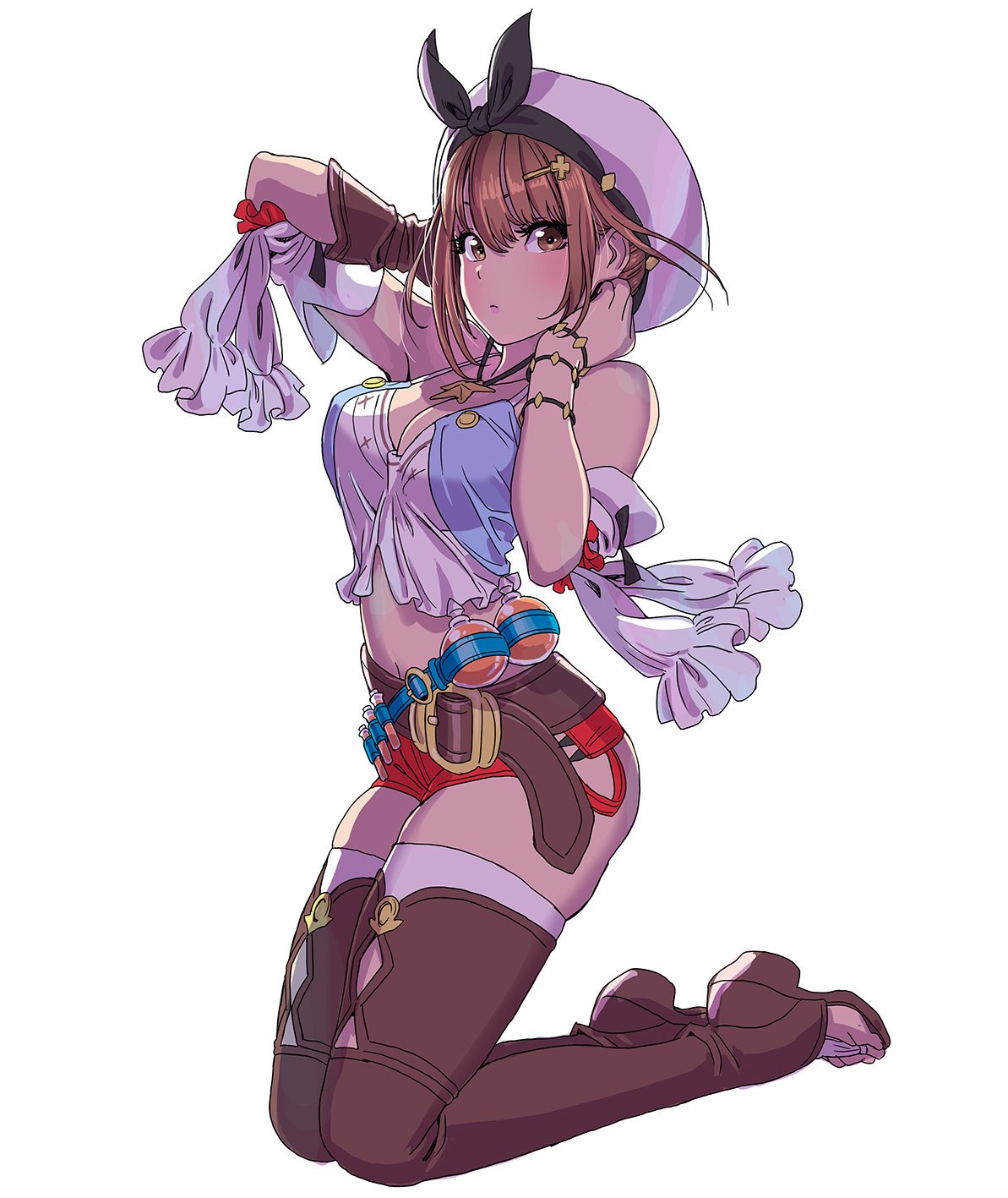 atelier_(series) atelier_ryza bare_shoulders belt blue_belt boots breasts brown_belt brown_gloves camisole gloves hair_ornament hairclip highres jewelry kneeling large_breasts leather_belt long_hair necklace red_shorts reisalin_stout round-bottom_flask short_shorts shorts star star_necklace thigh-highs thigh_boots thighs toeless_boots white_headwear yamashita_shun'ya