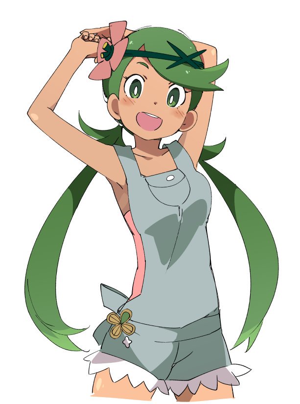 1girl armpits arms_behind_head blush dark_skin flower green_eyes green_hair hair_flower hair_ornament ixy long_hair looking_at_viewer mallow_(pokemon) pokemon pokemon_(game) pokemon_sm simple_background solo teeth twintails upper_teeth white_background