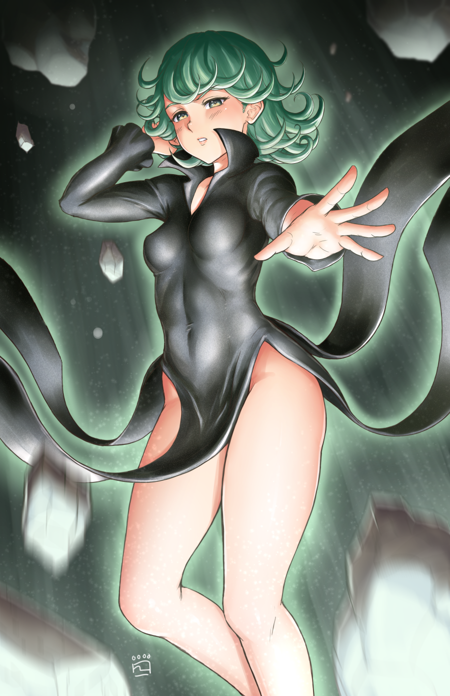 1girl black_dress blush breasts commentary_request curly_hair dress finalcake green_eyes green_hair highres long_sleeves looking_at_viewer no_panties one-punch_man short_hair small_breasts solo tatsumaki teeth