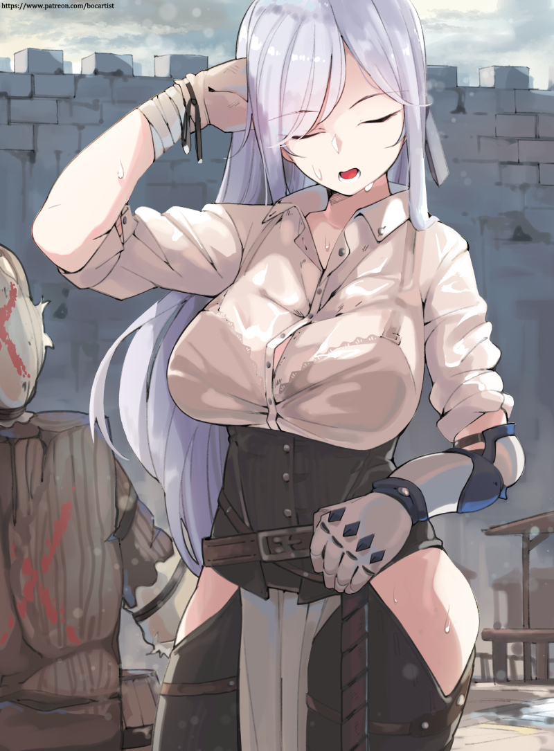 1girl ak-12_(girls_frontline) alternate_costume belt boca breasts closed_eyes commentary elbow_gloves girls_frontline gloves large_breasts long_hair open_mouth see-through shirt silver_hair solo wet wet_clothes wet_shirt