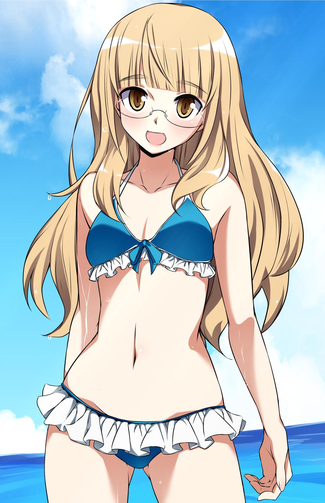1girl ass_visible_through_thighs bikini bikini_skirt blonde_hair blue_bikini blue_sky blush breasts bullseye1203 clouds glasses highres long_hair navel perrine_h_clostermann rimless_eyewear sky small_breasts smile solo strike_witches swimsuit water world_witches_series yellow_eyes
