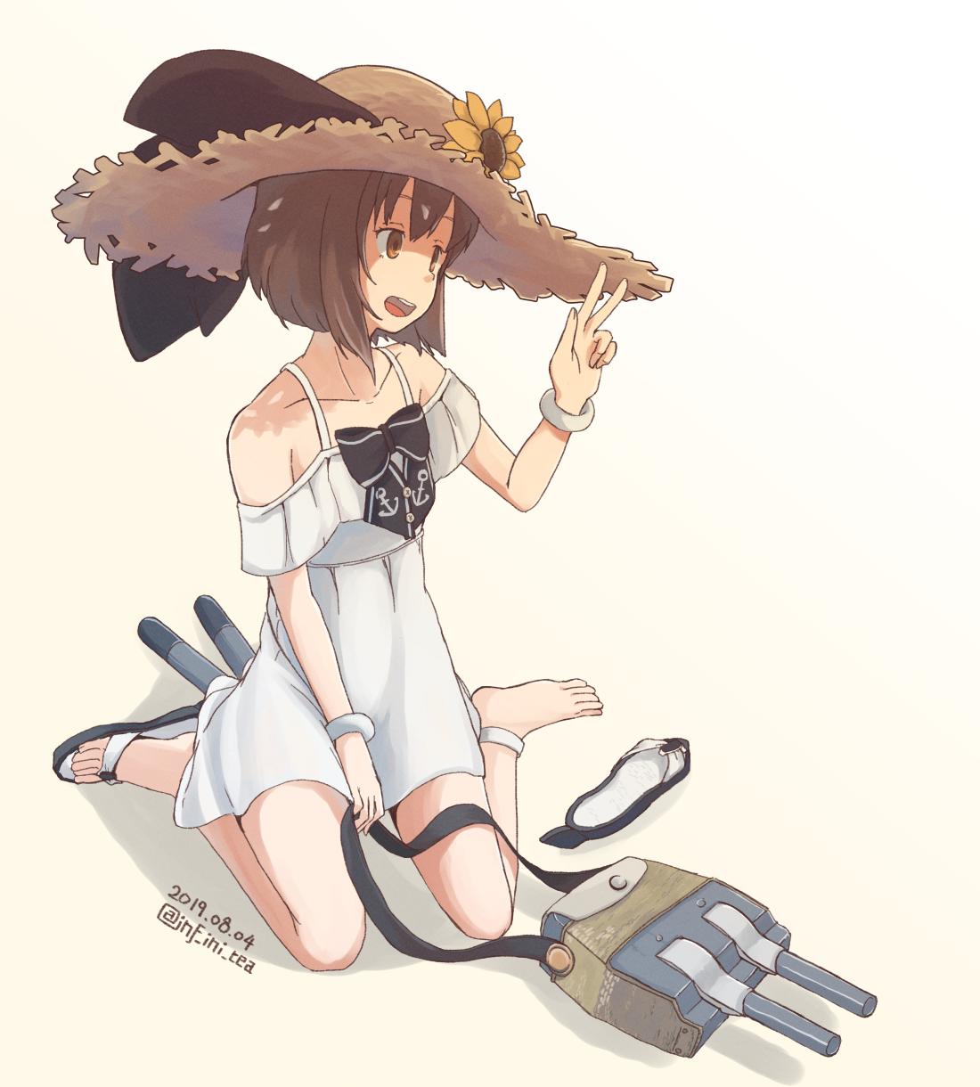 1girl adapted_turret alternate_costume anchor_symbol brown_eyes brown_hair dated dress hat highres infini kantai_collection sandals short_hair simple_background single_sandal sitting solo spaghetti_strap straw_hat sun_hat sundress twitter_username v wariza white_background white_dress yukikaze_(kantai_collection)