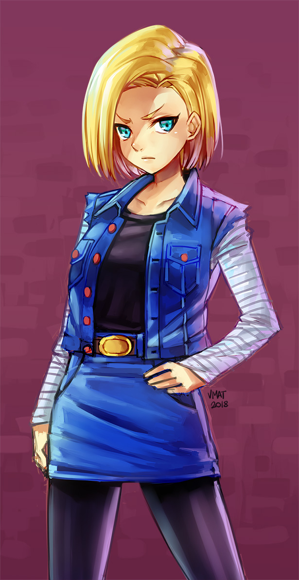 1girl android_18 belt blonde_hair blue_eyes breasts closed_mouth commentary commentary_request denim dragon_ball dragon_ball_z looking_at_viewer pantyhose shirt short_hair simple_background skirt solo vmat