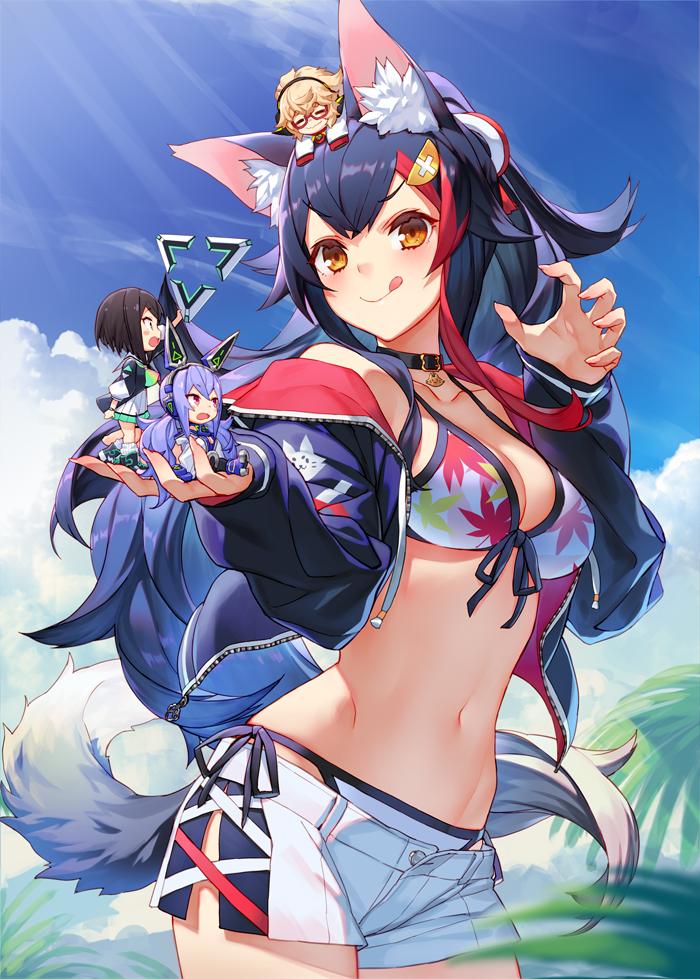 1girl 4girls :q animal_ear_fluff animal_ears bikini bikini_top bikini_under_clothes black_collar black_hair black_jacket blue_sky blush character_request collar commentary contrapposto cowboy_shot day from_side groin hair_ornament hairclip hand_up holding hololive izumi_sai jacket kouhaku_nawa long_hair looking_at_viewer multiple_girls navel official_art ookami_mio open_fly open_mouth outdoors parted_lips ponytail redhead short_shorts shorts sky stomach swimsuit tongue tongue_out virtual_youtuber white_bikini white_shorts wolf_ears yellow_eyes