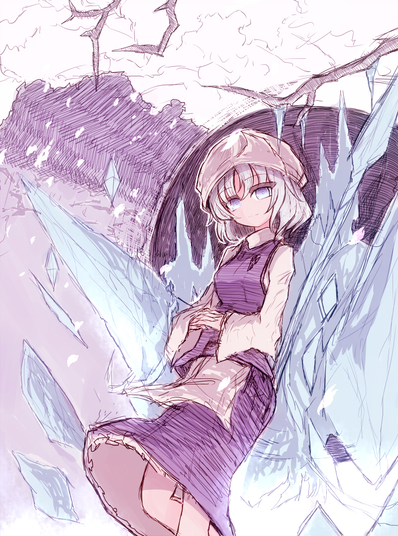 1girl bangs blue_eyes branch breasts dress eyebrows_visible_through_hair eyes_visible_through_hair feet_out_of_frame frilled_dress frills grey_hair hands_together hat ice leaning_back letty_whiterock long_sleeves looking_at_viewer shirt solo touhou tsuzuku_(hayamisyoto) white_shirt