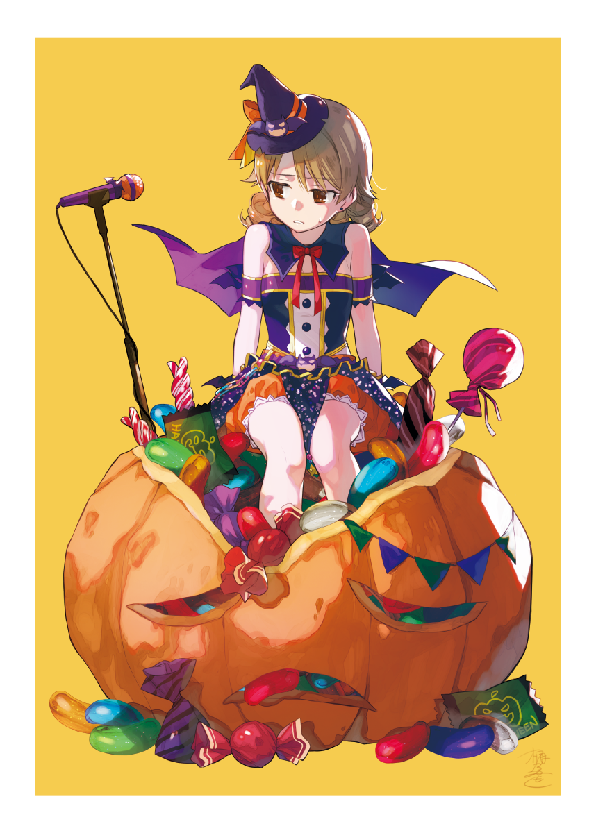 1girl arms_at_sides bangs bare_shoulders bat bat_ornament bat_wings bow bowtie brown_eyes buttons candy capelet commentary drill_hair earrings eyebrows_visible_through_hair food frown giant_food halloween halloween_costume hat hat_bow highres idol idolmaster idolmaster_cinderella_girls jack-o'-lantern jelly_bean jewelry light_brown_hair lollipop long_hair looking_away looking_to_the_side microphone microphone_stand mini_hat morikubo_nono okeno_kamoku on_food orange_bow oversized_object parted_lips puffy_shorts pumpkin pumpkin_shorts red_neckwear ringlets shorts signature simple_background sitting solo stud_earrings sweatdrop wings witch_hat wrapped_candy yellow_background