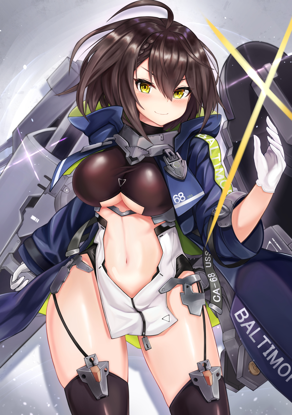 1girl ahoge azur_lane baltimore_(azur_lane) black_legwear blue_coat braid breasts brown_hair center_opening character_name clothes_writing coat cowboy_shot gloves hand_up highres large_breasts looking_at_viewer machinery navel open_clothes open_coat revealing_clothes ryara_vivi shadow short_hair smile solo standing stomach thigh-highs thighs turret v-shaped_eyebrows white_gloves yellow_eyes
