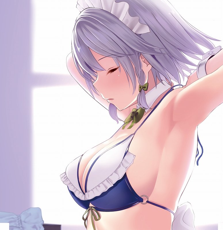 1girl amisu armpits arms_up bangs bikini blue_bikini bow bowtie braid breasts closed_eyes commentary_request detached_collar eyebrows_visible_through_hair frills from_side green_bow green_neckwear hair_bow indoors izayoi_sakuya large_breasts profile short_hair silver_hair solo swimsuit touhou twin_braids upper_body