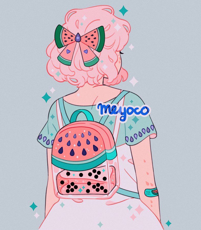 1girl backpack bag bandaid bow bubble_tea food from_behind fruit grey_background hair_bow heart liquid looking_away meyoco original pink_hair short_hair short_sleeves simple_background solo transparent upper_body watermelon