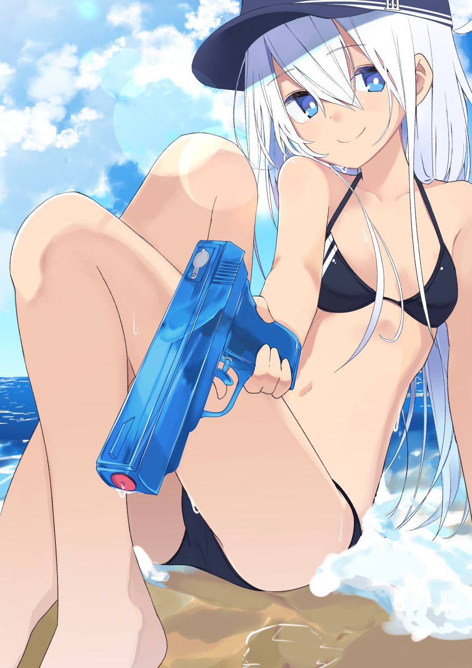 1girl beach bikini black_bikini black_headwear blue_eyes blue_sky breasts clouds commentary_request day flat_cap hammer_and_sickle hat hibiki_(kantai_collection) highres horizon kantai_collection long_hair looking_at_viewer ocean outdoors perspective silver_hair sitting sky small_breasts solo swimsuit tetuw water_gun waves