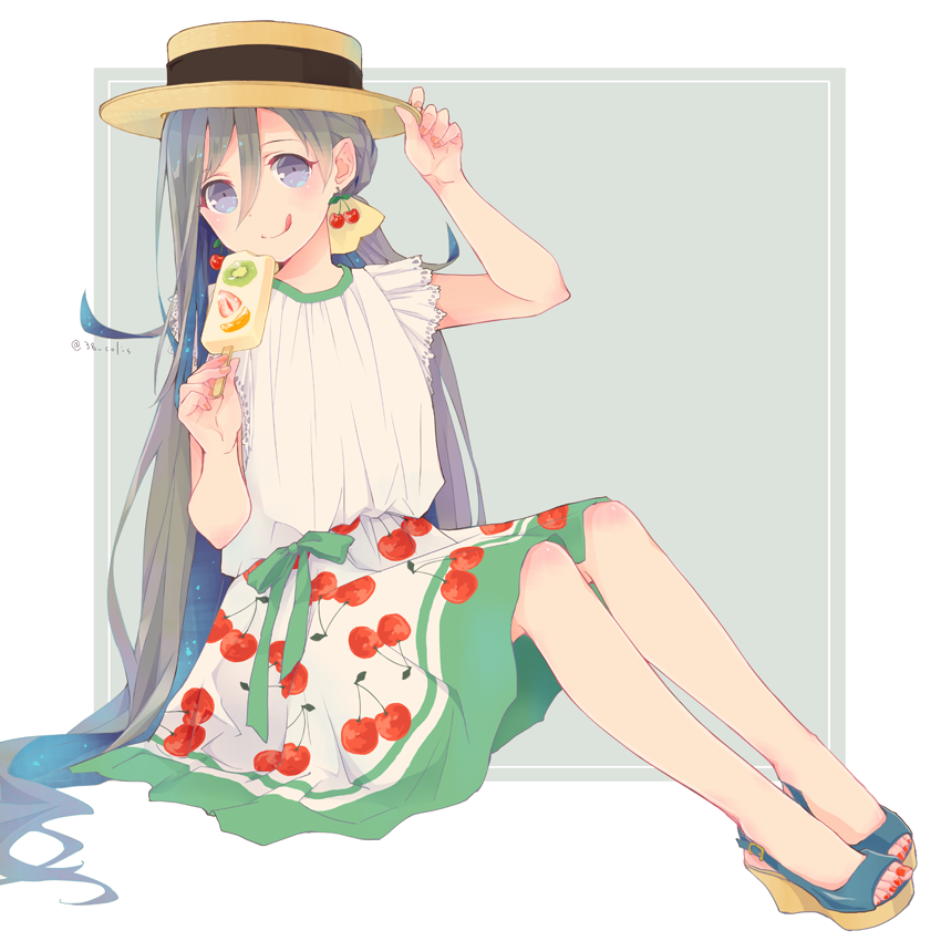 1girl :q alternate_costume bangs blue_eyes blush bow buckle cherry cherry_print colis earrings fingernails food food_print frills fruit full_body gradient_hair grey_hair hat holding jewelry kantai_collection kiwifruit kiyoshimo_(kantai_collection) long_hair multicolored_hair nail_polish orange popsicle short_sleeves sitting skirt smile solo strawberry toenail_polish toenails tongue tongue_out twintails twitter_username very_long_hair